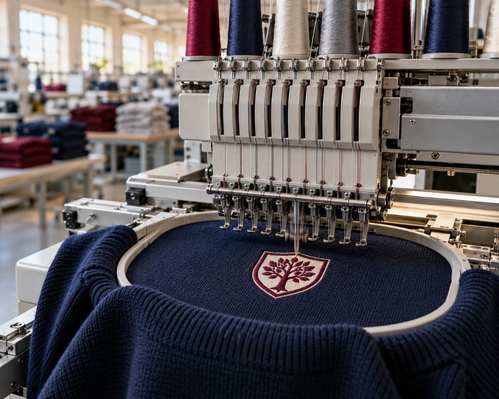 Commercial embroidery machine stitching crest onto knitwear